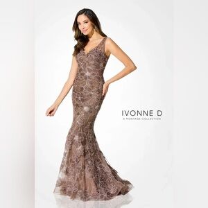 Ivonne D ID916 Mermaid Long Formal Lace Evening Dress Formal Bronze sz 14